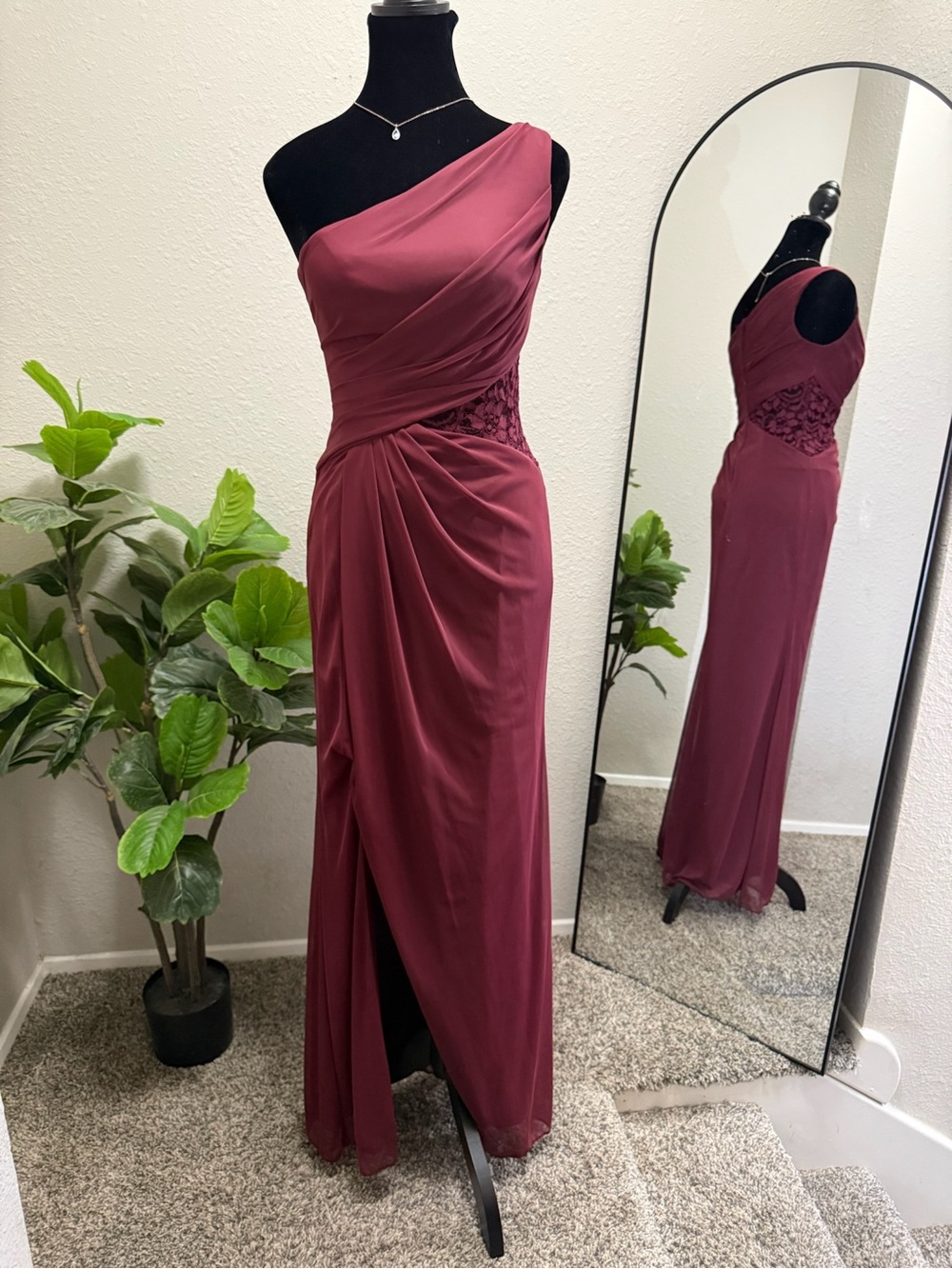 David's Bridal Wine One-Shoulder Evening Gown